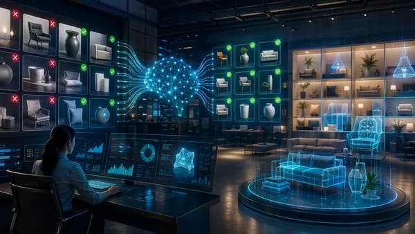 AI system correcting e-commerce product listings in a futuristic catalog optimization workspace.