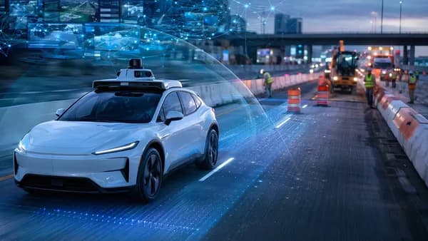 Driverless robotaxi approaching a freeway construction zone with AI sensor overlays.