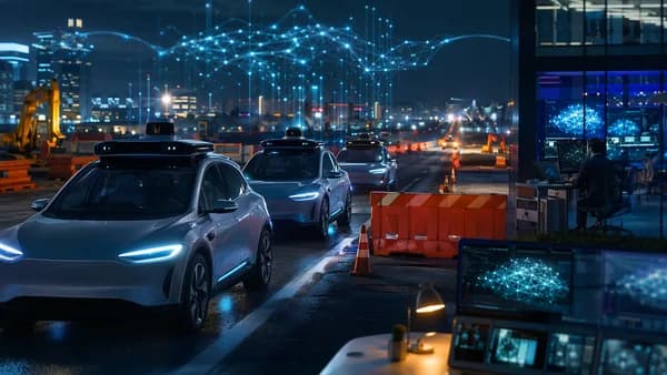 Driverless robotaxis stopped before highway construction barriers with AI network visuals.