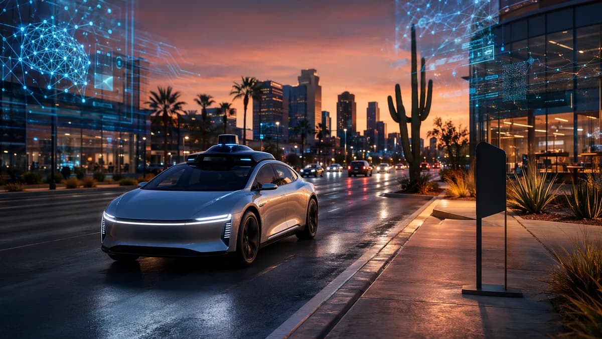Unbranded autonomous robotaxi on a Phoenix street with AI network visuals at dusk.