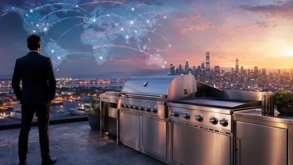 Premium grills on a rooftop with global map lights, symbolizing international growth and brand expansion.