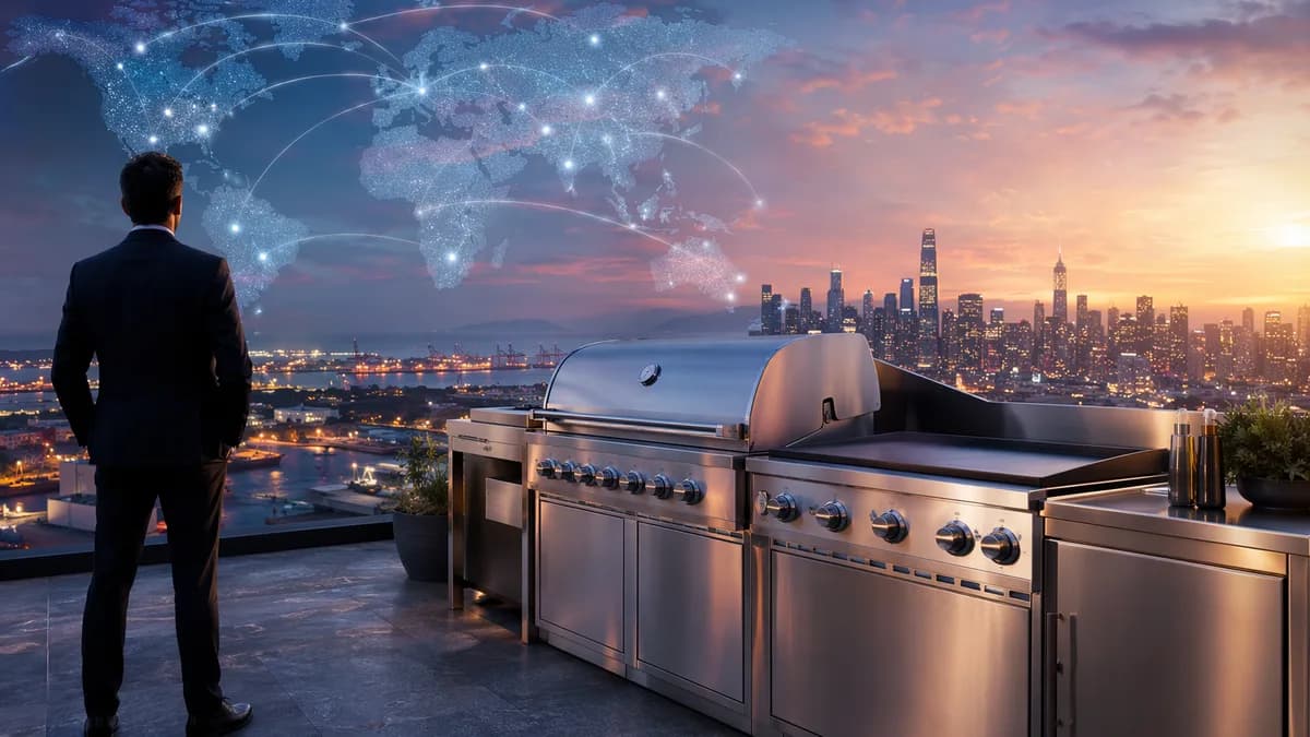 Premium grills on a rooftop with global map lights, symbolizing international growth and brand expansion.