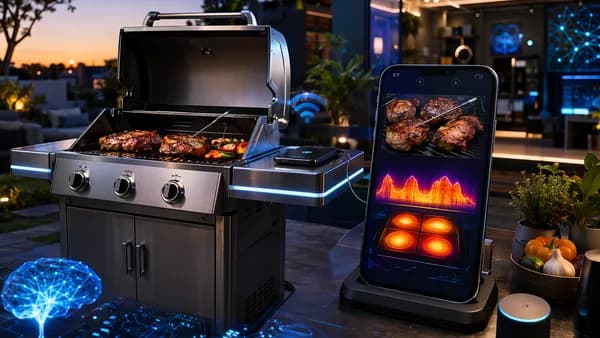 Smart stainless gas grill with connected cooking tech in a futuristic patio innovation hub