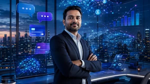 Indian tech executive in futuristic workspace with abstract messaging, fintech, and investment visuals.