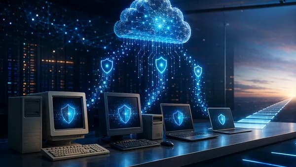 Older PCs receiving glowing security updates in a futuristic tech workspace.
