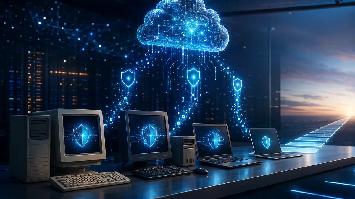 Older PCs receiving glowing security updates in a futuristic tech workspace.