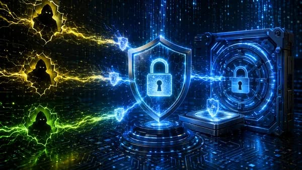 Glowing shields and locks seal yellow-green cyber cracks around an encrypted system core.