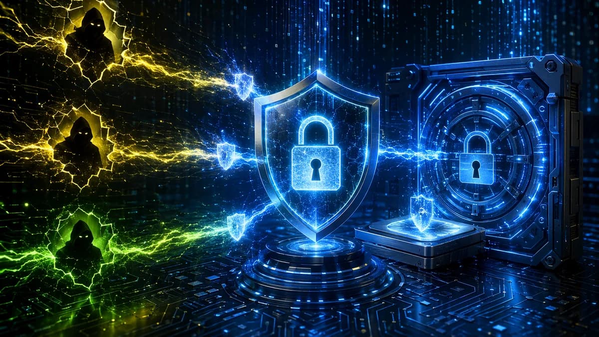 Glowing shields and locks seal yellow-green cyber cracks around an encrypted system core.