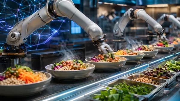 Robotic arms assemble bowls in a futuristic automated restaurant kitchen.