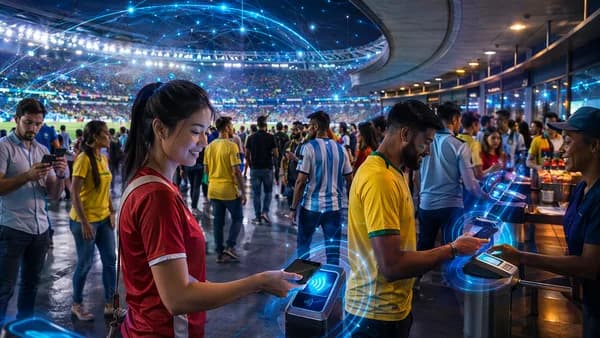 Soccer fans using contactless payments in a busy stadium concourse with digital transaction overlays.