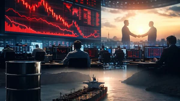 Oil trading floor with falling crude chart, tanker near strait, and diplomatic silhouettes signaling easing risk