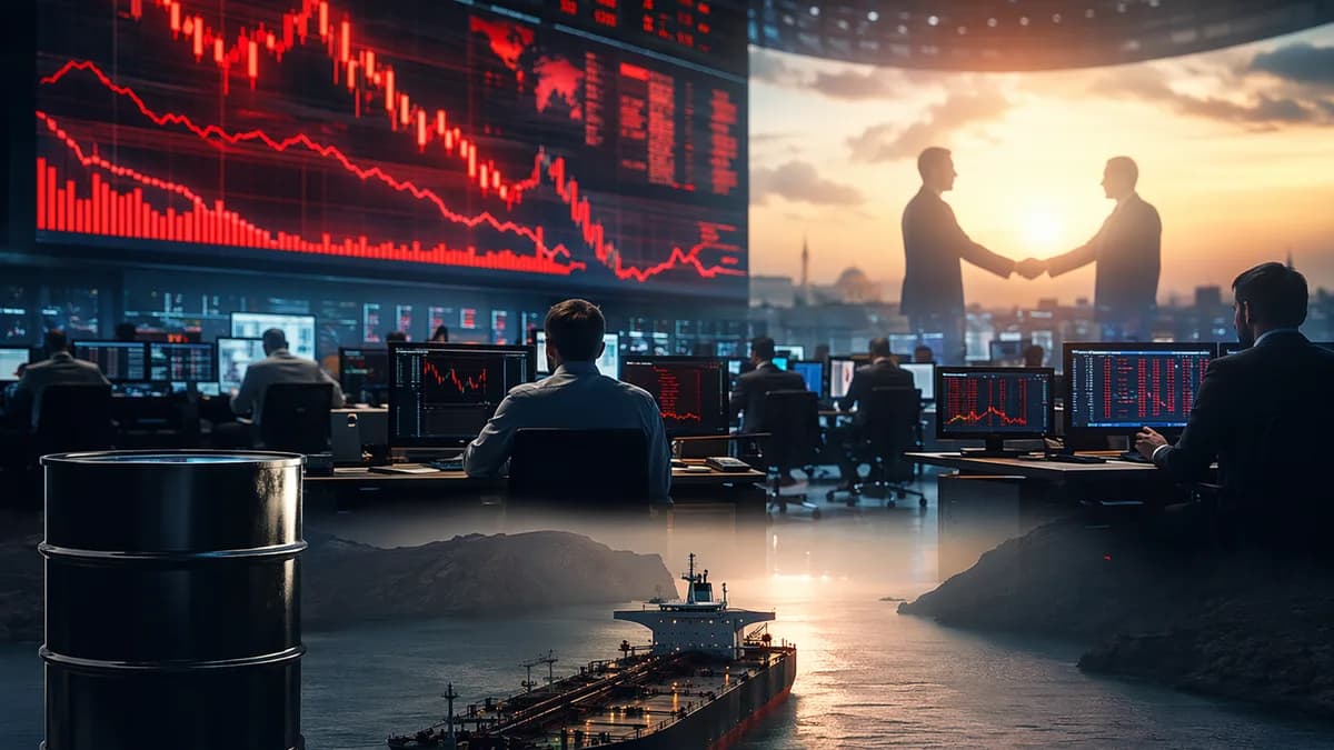 Oil trading floor with falling crude chart, tanker near strait, and diplomatic silhouettes signaling easing risk