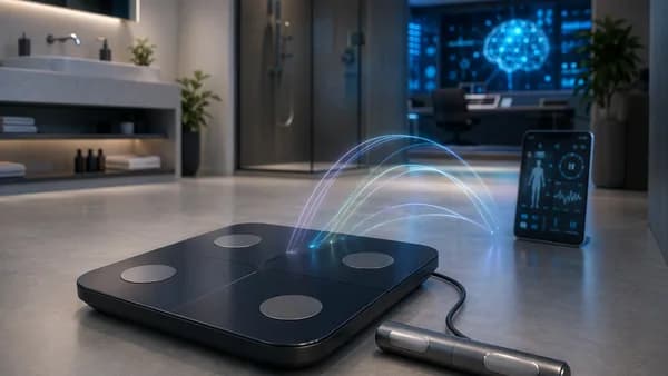Sleek smart body scale with handle sensor in a futuristic connected home health setting.