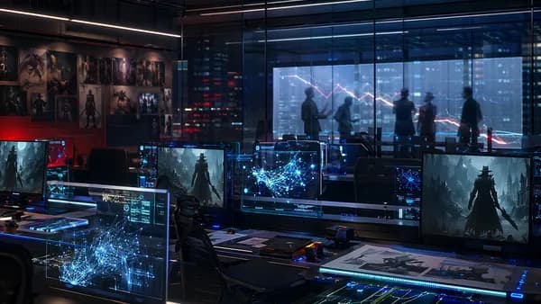 Futuristic game studio with dark monitors and executives, suggesting uncertainty over a canceled project.