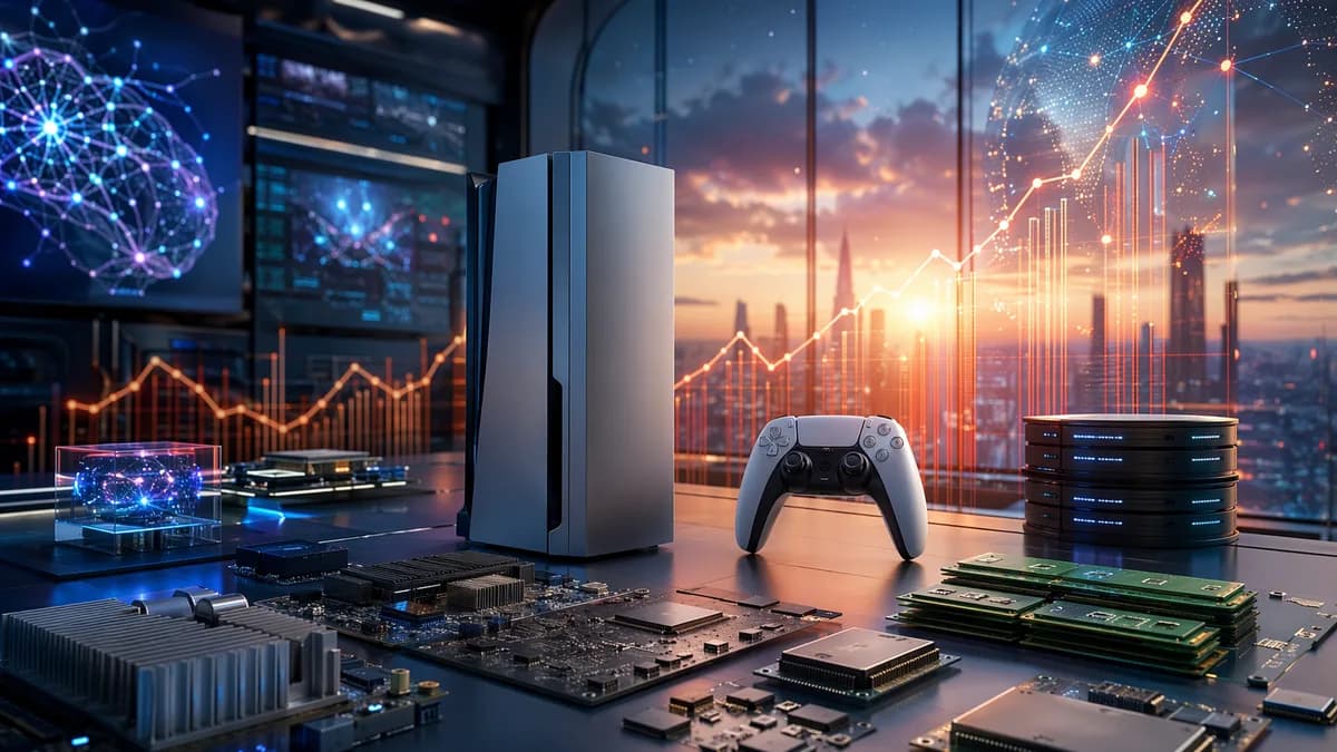 Generic gaming console amid chips and rising market visuals in a futuristic tech workspace