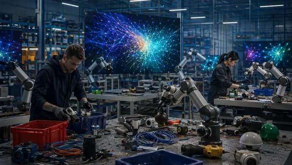 Technicians gather messy robot training data in a futuristic robotics lab with sensors and robotic arms.