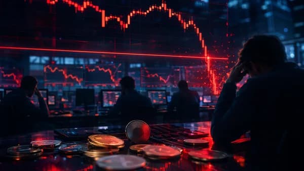 Crypto trading desk showing a red selloff chart breaking support with generic digital coins