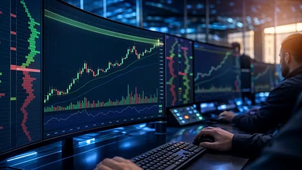 Crypto trading desk with rising charts testing resistance in a cinematic market scene