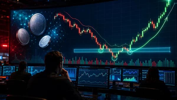 Crypto trading chart rebounds from support on a cinematic trading floor