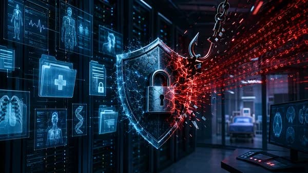 Hospital data center under cyberattack with shield, lock, medical records, and dark code streams