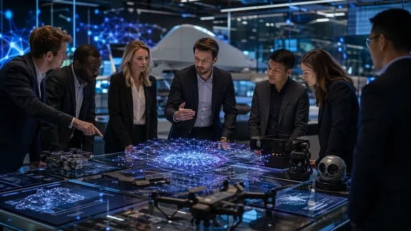 VCs and founders in a futuristic AI startup hub with drones, screens, and neural network visuals.