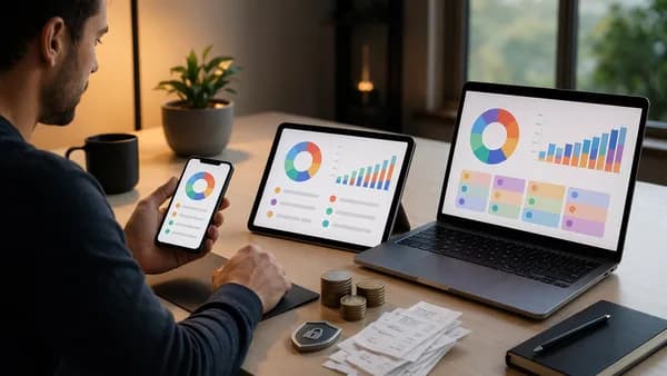 Person comparing generic budget apps with charts, coins, receipts, and privacy-focused fintech visuals.