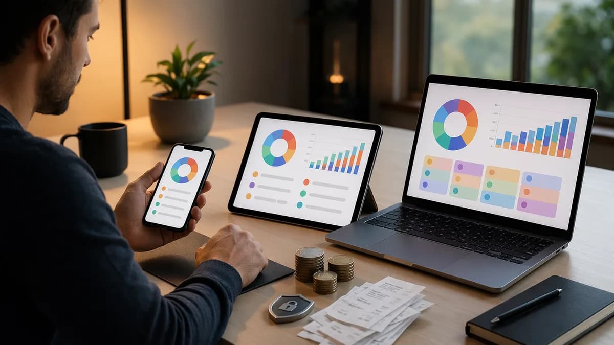 Person comparing generic budget apps with charts, coins, receipts, and privacy-focused fintech visuals.