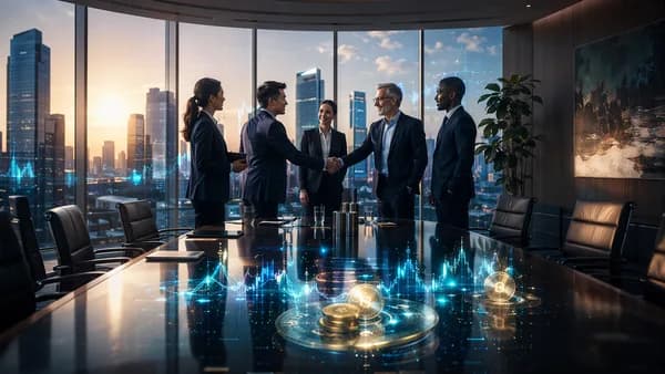 Executives shake hands in a futuristic boardroom with abstract crypto and market visuals.