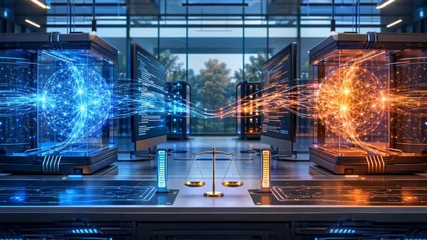 Futuristic AI coding hub with neural cores, screens, circuits, and cost-efficiency visuals.