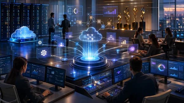 Enterprise SaaS automation dashboards connecting frontline teams with cloud infrastructure and award-themed lighting.