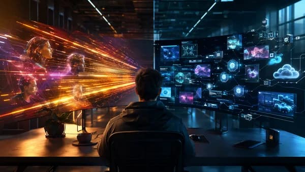 Futuristic split developer workspace showing speed and collaboration versus extensions and tooling.