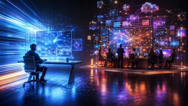Futuristic workstations visualize a fast code editor challenging a mature ecosystem.