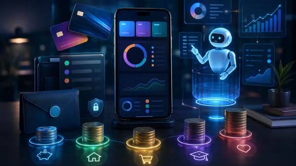 Smartphone budgeting app concept with digital banking, envelopes, coins, and AI finance guidance.