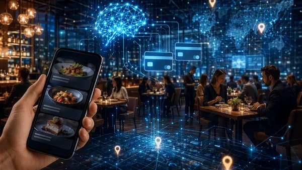 Futuristic restaurant discovery app concept using AI and real dining spend data in a sleek tech dining space.