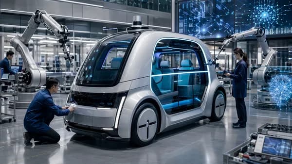 Futuristic autonomous robotaxi being refined in a high-tech mobility lab with AI systems.
