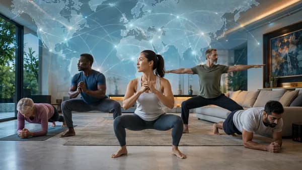 People doing low-impact bodyweight strength workout at home with global map connections in background.