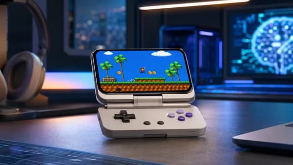 Pocket-size phone game controller creating a retro handheld on a sleek futuristic tech desk