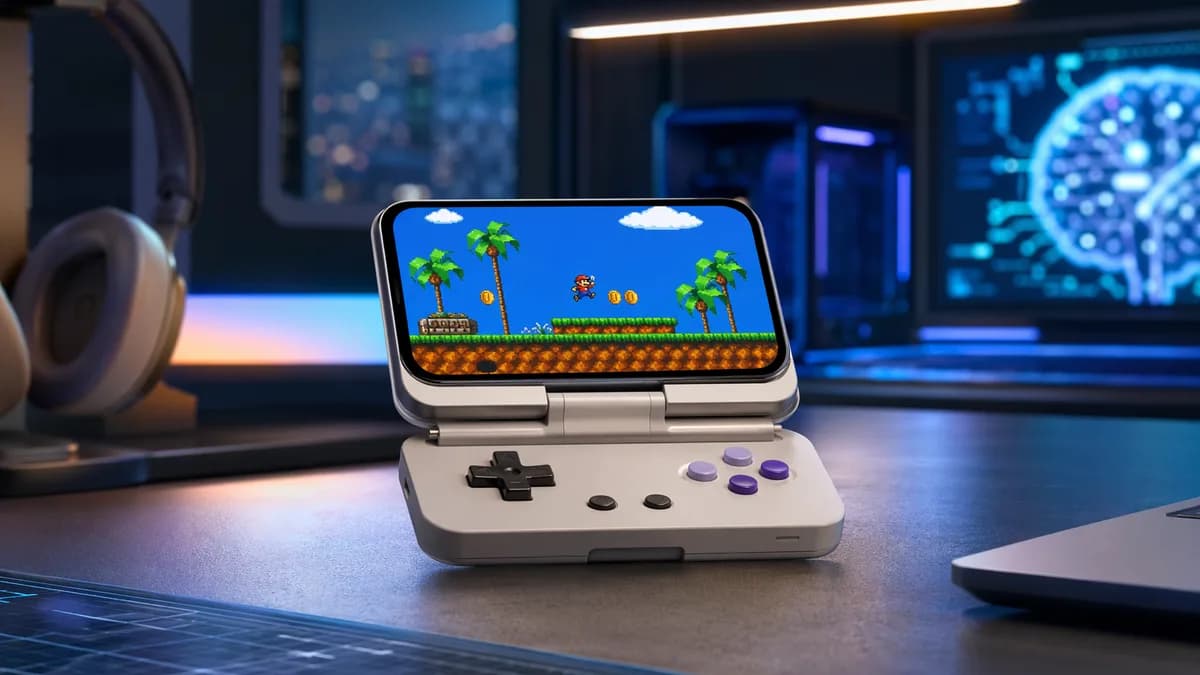Pocket-size phone game controller creating a retro handheld on a sleek futuristic tech desk