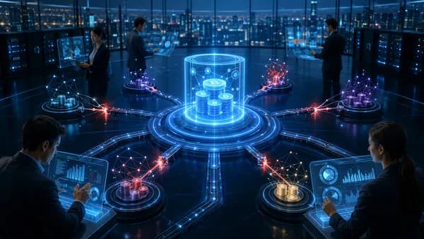 Futuristic DeFi hub with six dim blockchain links being disconnected amid cost analysis.