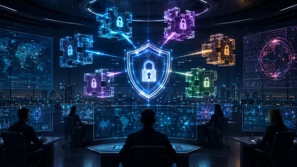 Futuristic modular cybersecurity hub with glowing shield, locks, and protected data streams