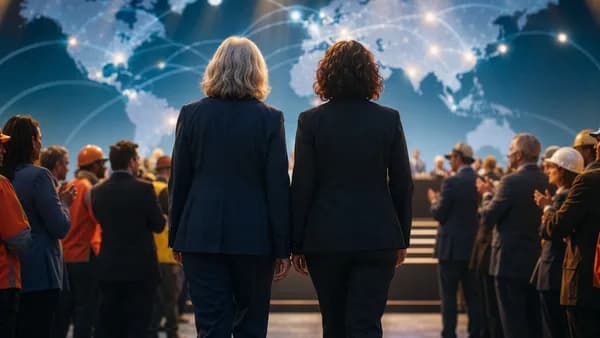 Two union leader figures depart a conference stage before workers and a glowing global map backdrop.
