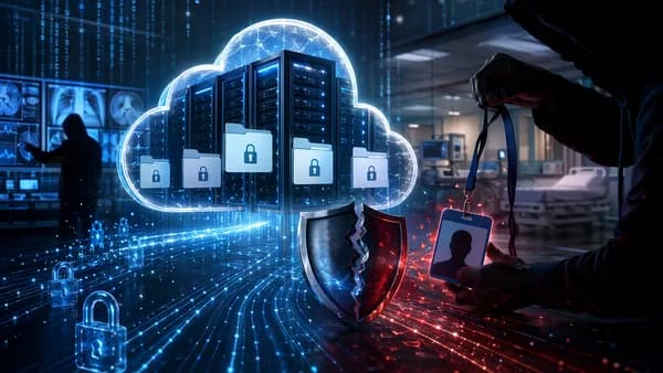 Shadowy attackers breach healthcare cloud systems with locks, shields, and patient data icons.