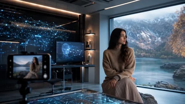 Natural-look camera app visualized with subtle generative AI overlays in a futuristic photo lab.