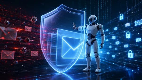 AI email security shield blocking phishing attacks in a dark digital network.