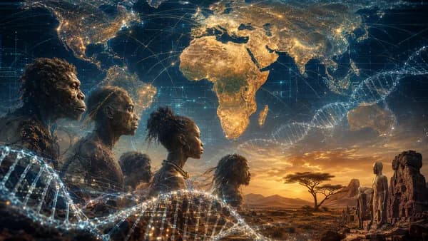 Holographic Africa map with DNA strands and ancient human silhouettes symbolizing a lost lineage.