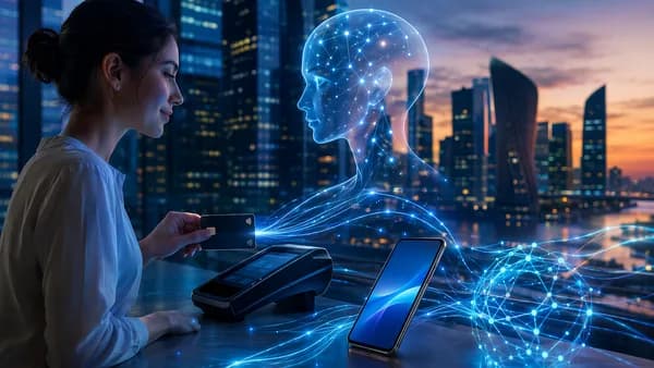 AI agent sends a secure card payment through existing digital banking infrastructure in a modern fintech scene.