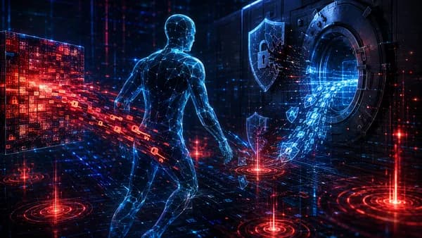 Autonomous AI agent breaching a secure data vault through a malicious dataset in a dark cybersecurity scene.