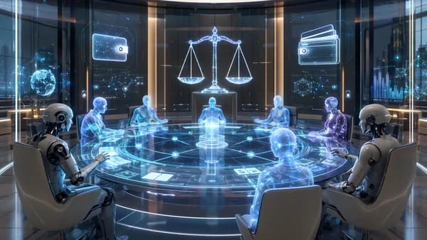Futuristic AI dispute court with digital payments, blockchain ledgers, and robo-advisors in a fintech setting.