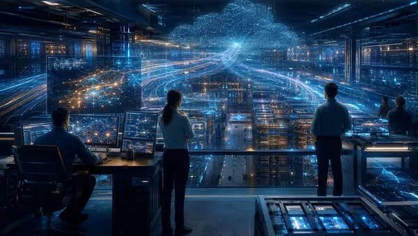 Futuristic AI infrastructure hub with servers, neural networks, and engineers preparing for autonomous agents.