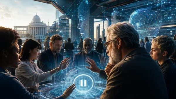Citizens pause an AI decision system in a futuristic workspace, symbolizing human judgment and democratic scrutiny.